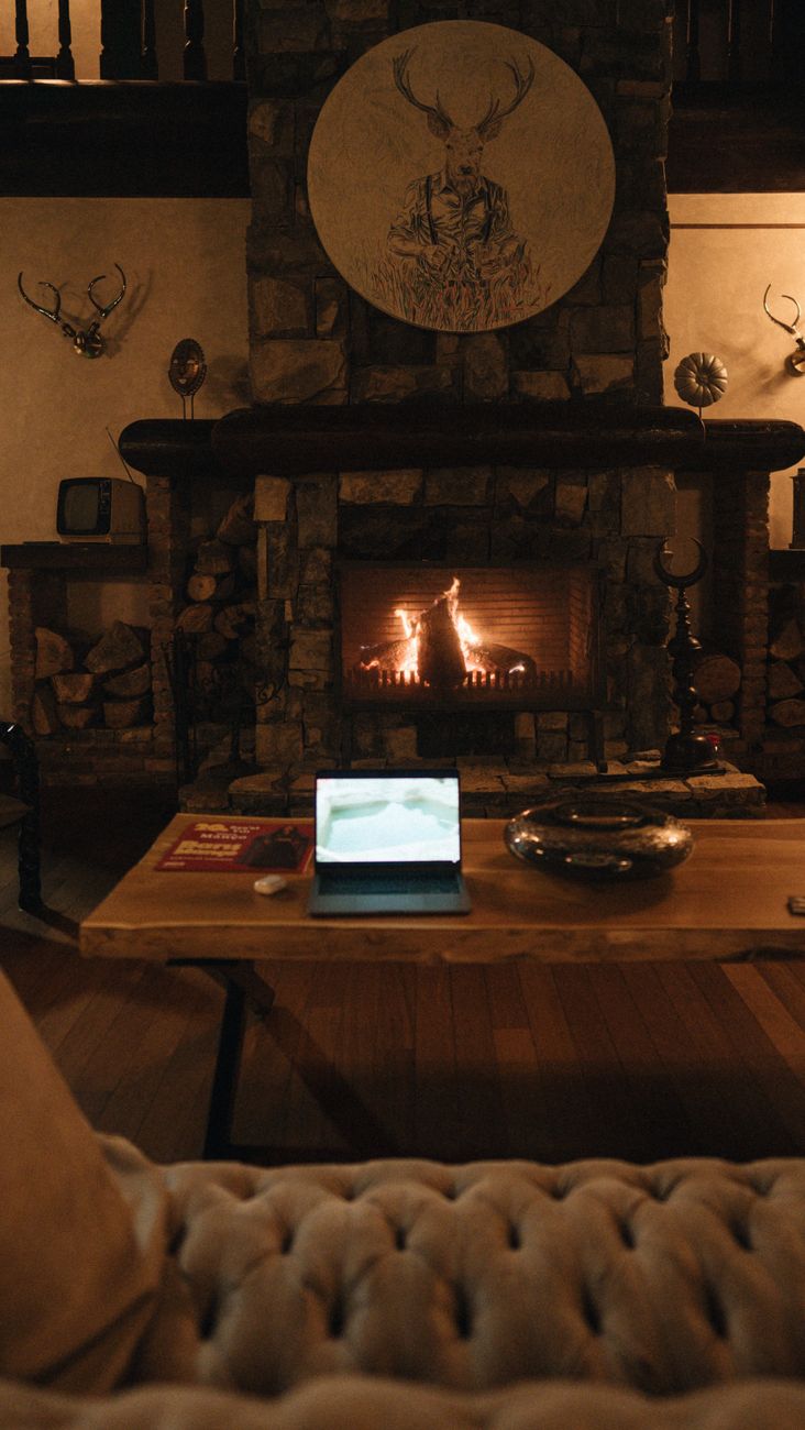 cozy fireplace living room with tablet