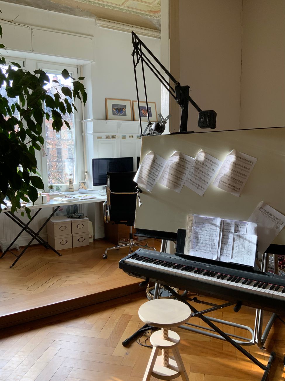 cozy home music and study room with keyboard